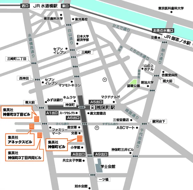 集英社の各事業所のアクセス地図。神保町駅A1出口から西方面に集英社の4つのビルが集中している。最も北に集英社神保町3丁目ビル、その南に集英社アネックスビル、集英社神保町3丁目共同ビルがあり、神保町駅からやや南西の場所に集英社神保町ビルが位置する。最寄り駅からのアクセスは、JR水道橋駅、JR御茶ノ水駅、神保町駅（A1、A5～A9出口）がある。神保町駅A1出口を出てすぐの場所に靖国通りと白山通りの交差点があり、その西側に集英社ビル群が並ぶ。